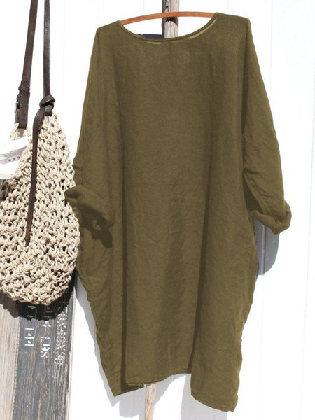 

Zolucky Linen Crew Neck Casual Solid Long Sleeve Tops, Coffee, T-Shirts