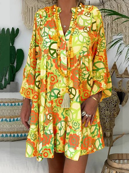 

Gonna a V Neck Abbottonato Giù Abstracy Stampato, Arancia, Casual Dresses