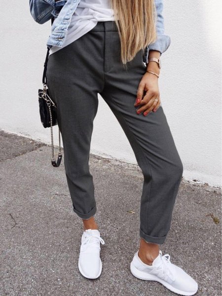 

Solid Casual Cotton-Blend Pants, Black, Pants