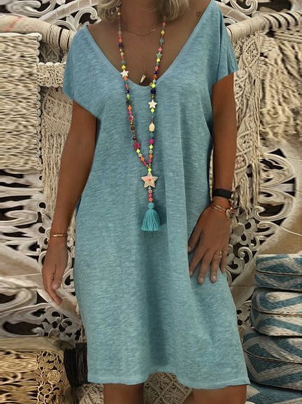 

Midi Abito Casuale Scollo a V Maniche Corte, Blu grigio, Casual Dresses