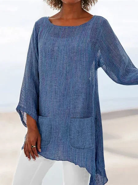 

Casual Long Sleeve Crew Neck Linen Pockets Blouse, Blue, Auto-clearance