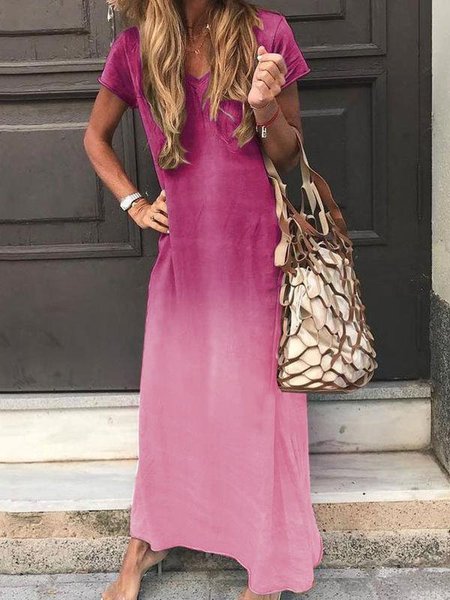 

Casuale Colore-block Girocollo Cottone Abito, Rosa rosso, Casual Dresses