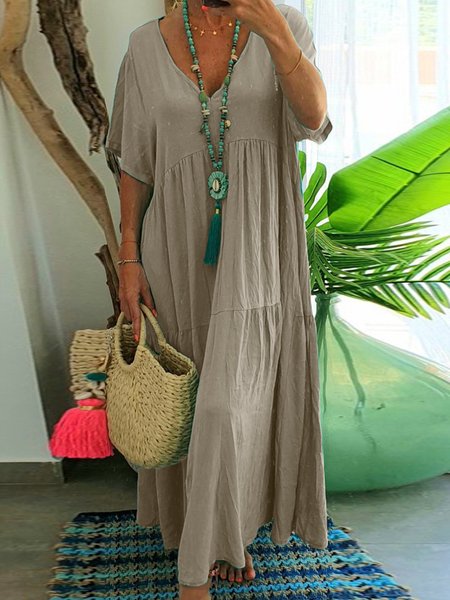 

V Neck Women Dresses Going Out Paneled Casual Cotton Dresses, Gray, Summer Clearance