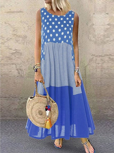 

Round Neck Sweet Sleeveless Cotton Women Dress, Blue, Maxi Dresses