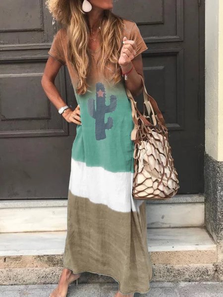 

taglia grande Donna Maniche Corte Scollo a V Vintag Gonna Casuale, Verde, Casual Dresses