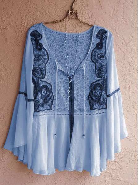 

Patchwork 3/4 Sleeve Cotton-Blend Shirts & Tops, Blue, Winter Clearance