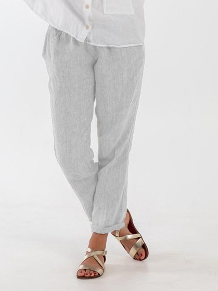 

Linen Casual Plain Pants, White, Pants