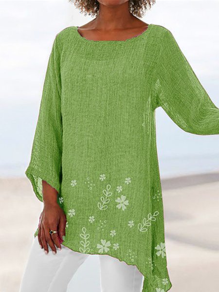 

Women Loose Floral Asymmetric Hem Three Quarter Sleeve Blouse Tunic Top, Green, Tunics
