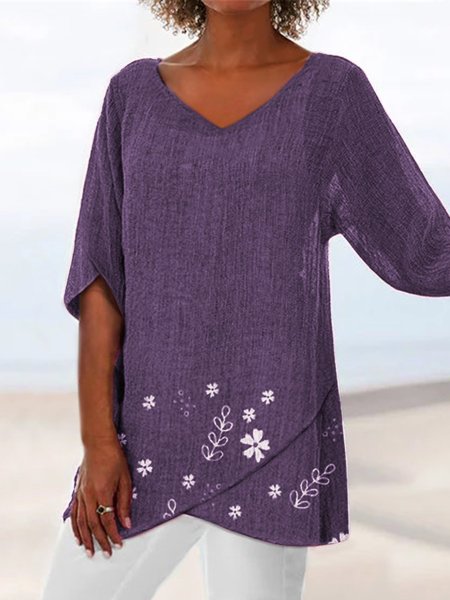 

Floreale Mezza Manica Misto Cotone Top, Viola, T-Shirts
