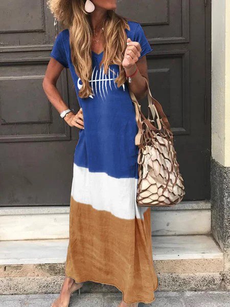 

V Neck Casual Short Sleeve Fish Bone Knitting Dress, Blue, Summer Dresses