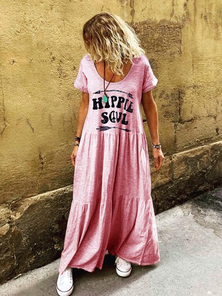 

Letter Short Sleeve Crew Neck Boho Women Dress, Pink, Maxi Dresses