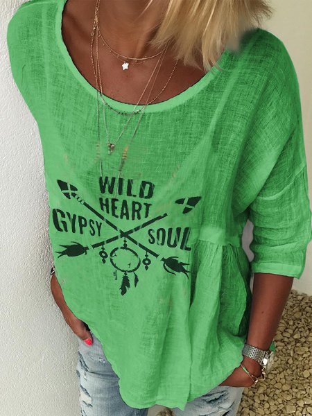 

zolucky Cotton-Blend 3/4 Sleeve Plain Round Neck Tops, Green, T-Shirts