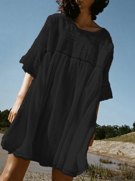 

Mezza Manica Solido Girocollo Gonna Casuale, Nero, Casual Dresses