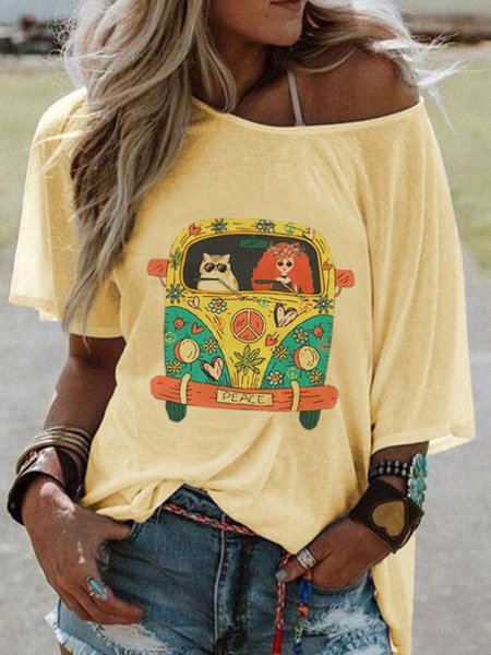 

Girocollo Maniche Corte cartone animato Auto Stampare Casuale Superiore, Giallo, T-Shirts