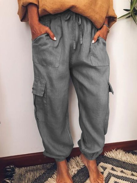 

Casual Pockets Cotton-Blend Pants, Gray, Pants