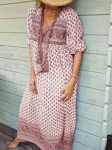 

Blu Floreale Casuale Scollo a V Gonna, Rosso, Casual Dresses