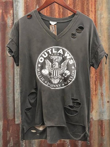 

Ripped V Neck Plus Size Tee Shirts, Deep gray, T-Shirts