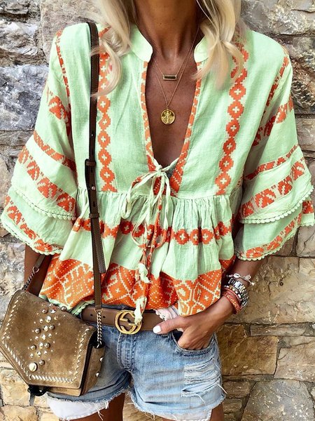 

arancia Casuale Tribale Scollo a V Camicetta & Top, Verde, Blouses & Shirts