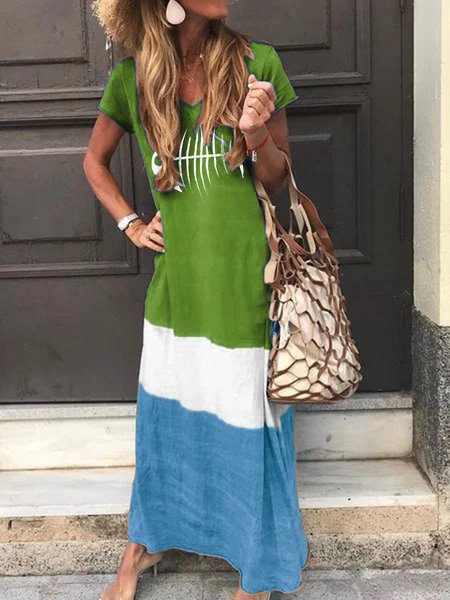 

Scollo a V Casuale Maniche Corte Pesce osso Gonna, Verde, Casual Dresses