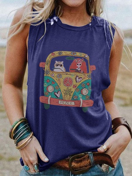 

Girocollo senza maniche cartone animato Auto Stampare Casuale Superiore, Blu, T-Shirts