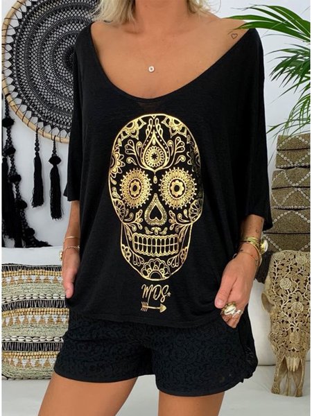 

Casuale Girocollo Maniche Corte Stampato Camicie, Nero, T-Shirts