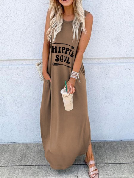 

taglia grande Solido Casuale Girocollo senza maniche Gonna, Cachi, Casual Dresses