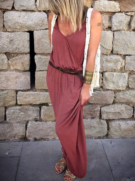 

Scollo a V Misto Cotone Gonna Casuale, Rosso, Dresses