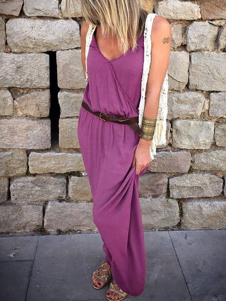 

V Neck Cotton-Blend Casual Knitting Dress, Purple, Dresses