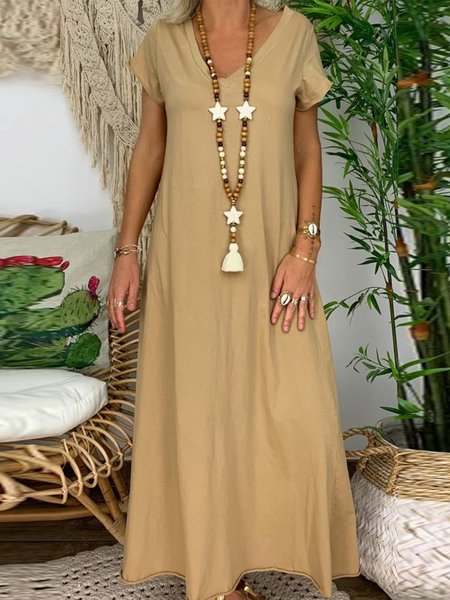 zolucky Casual V Neck Solid Short Sleeve Knitting Dress, Khaki, Dresses