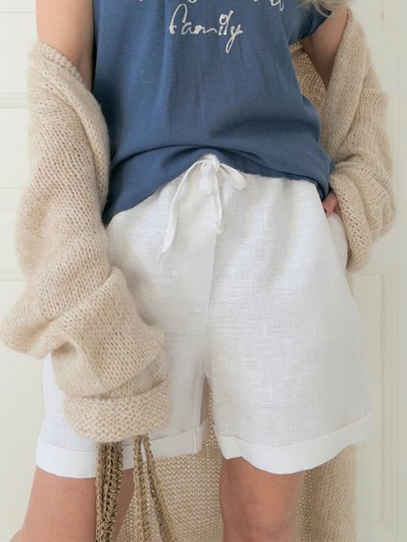 

Plain Casual Linen Pants, White, Shorts