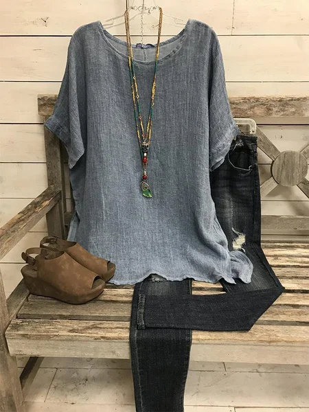 

Solid Cotton Casual Short Sleeve Shirts & Tops, Gray, Women shirts&blouse
