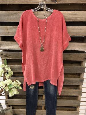 

Solido Cotone Casuale Maniche Corte Top, Rosso, T-Shirts
