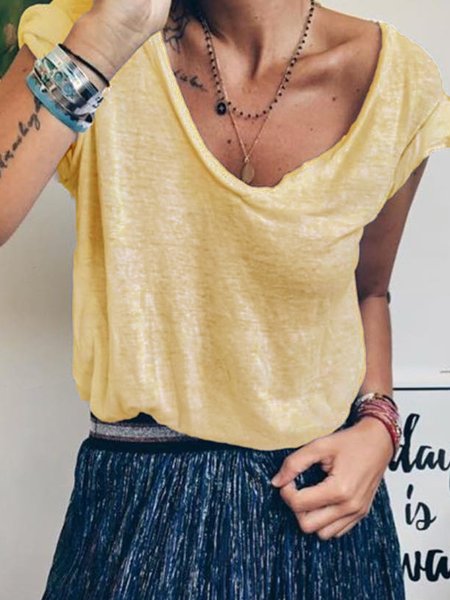 

Maniche Corte Misto Cotone Solido Camicetta & Top, Giallo, Tops