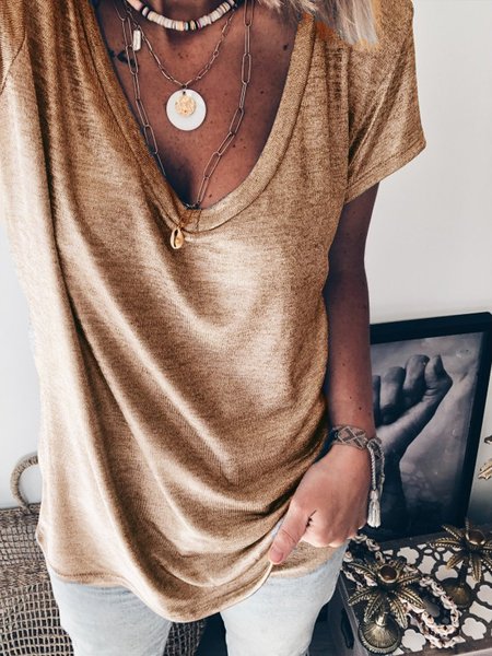 Maniche Corte Misto Cotone Top, Cachi, T-Shirts