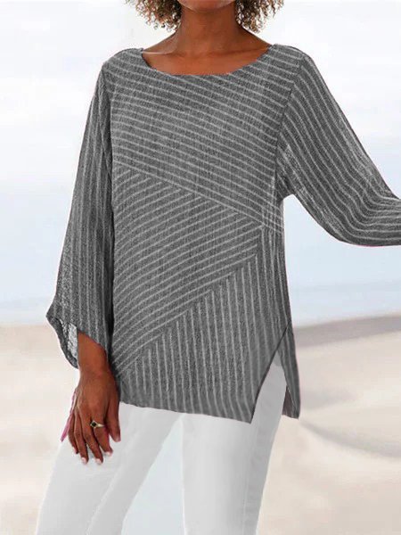 Camicetta Girocollo Maniche Lunghe da Vacanza, Grigio, T-Shirts