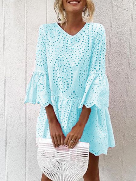 

V Neck Women Dress Boho Cotton Dress, Blue, Casual Dress