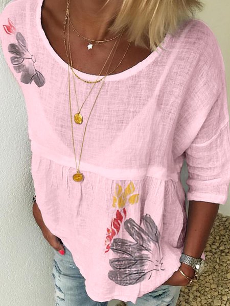 

Linen Loose Half Sleeved Tunic Top, Pink, T-shirts