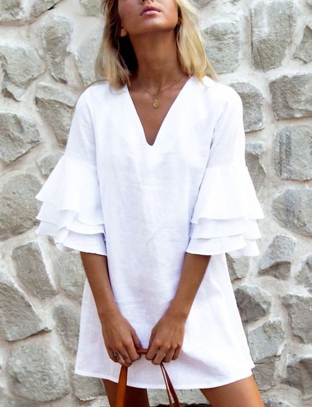 Casual Half Sleeve Vacation Dress, White, Mini Dresses