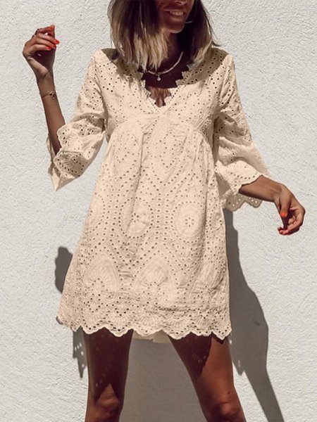 taglia grande Casuale Scollo a V 3/4 Manica Abito, Cachi chiaro, Casual Dresses