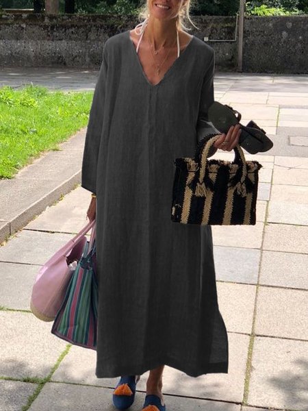 

Abito Casuale Scollo a V di Lino, Nero, Dresses