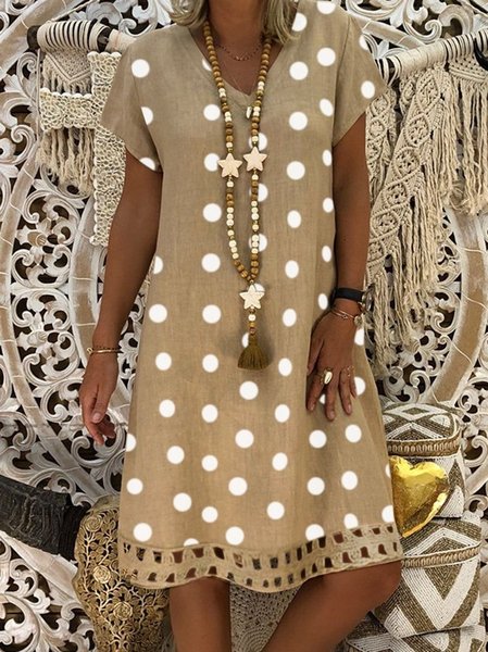 

Women V-Neck Short Sleeve Hollow Polka Dot Summer Dress, Khaki, Mini Dresses