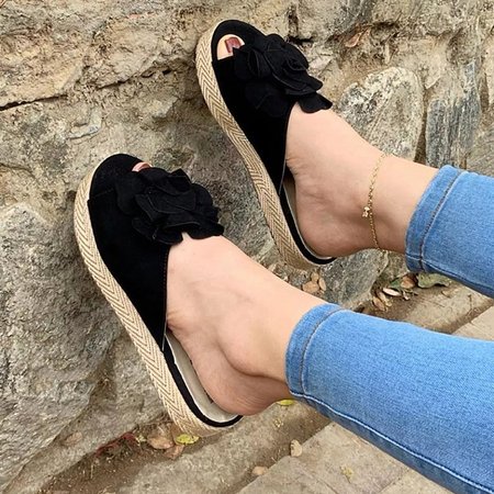 

Women Casual Summer Flower Platform Sandals, Black, Flats