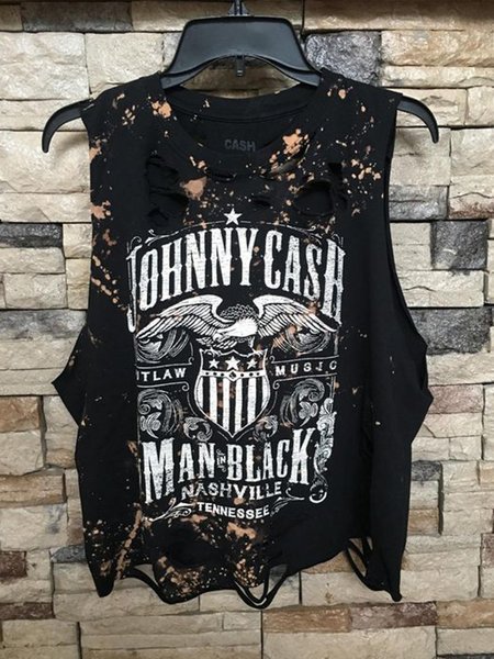 Casual Sleeveless Round Neck Plus Size Tops, Black, Tank Top