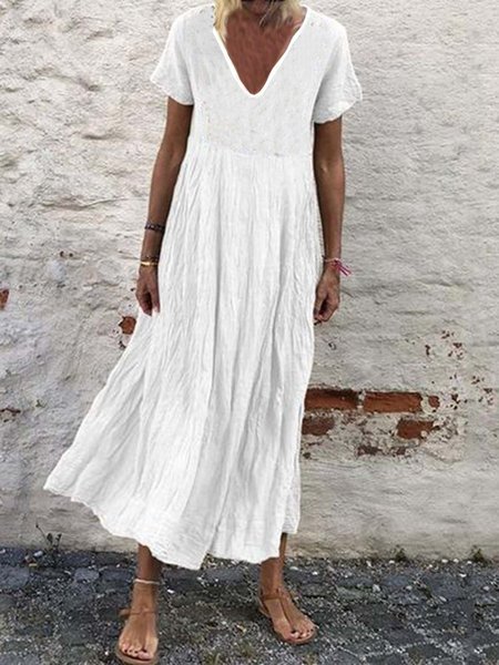 

Zolucky Woman Short Sleeve Cotton-Blend V Neck Plain Casual Weaving Dress, Orange, Dresses