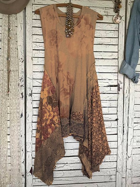 

Casual Sleeveless Round Neck Plus Size Dress, Khaki, Dresses