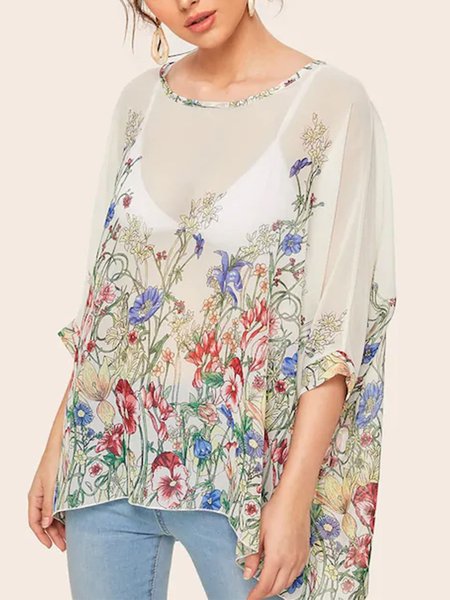 

Casual Floral See-Through Look Blouse, White, Blouses and Shirts