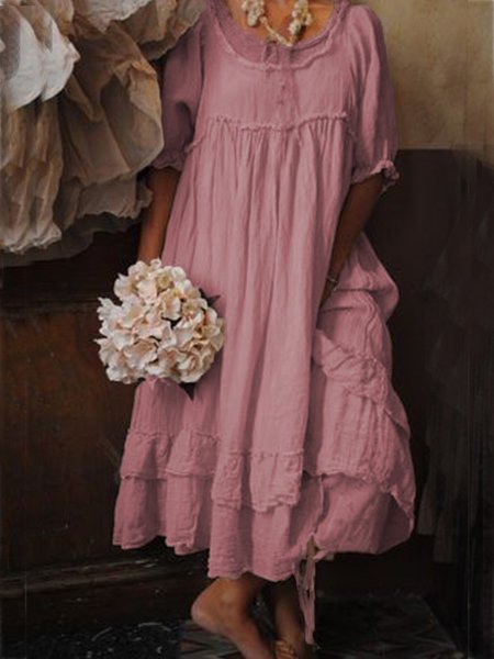

Beige Maniche Corte Cottone Girocollo Abito, Rosso, Maxi Dresses