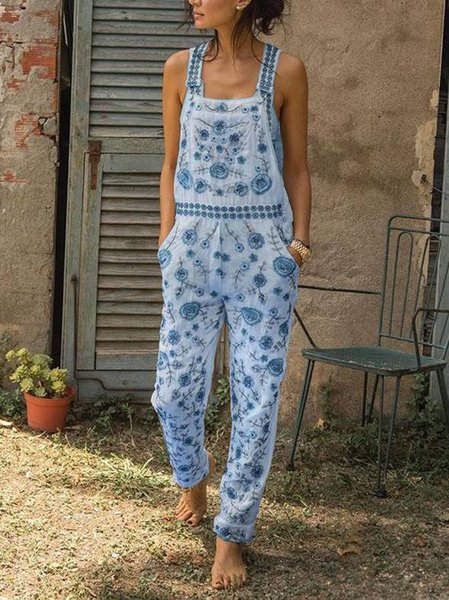 

Casual Sleeveless Floral Pants, Blue, Jumpsuits