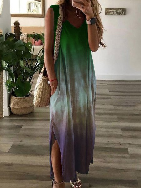 

Women Sleeveless V Neck Ombre/tie-Dye Shift Casual Maxi Dresses, Green, Maxi Dresses