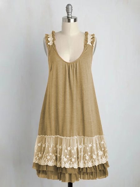 

zolucky Brown lace sweet dress, Khaki, Casual Dresses